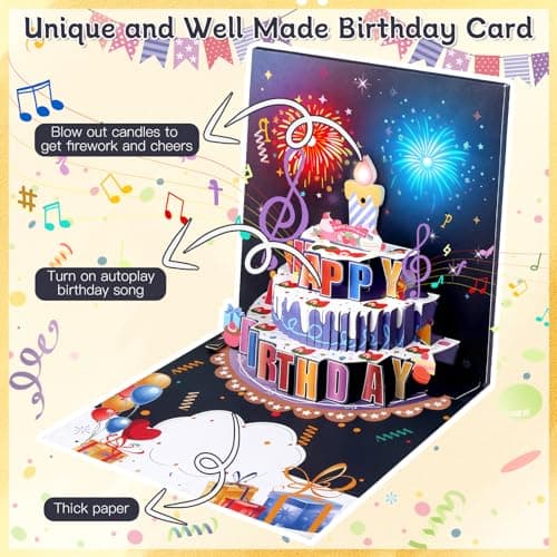 Carte d'Anniversaire avec Musique & Lumières, Blowable Carte Pop Up Anniversaire, Carte Anniversaire 3D Feux d'Artifice, Carte d'anniversaire avec Enveloppe pour Famille Amis