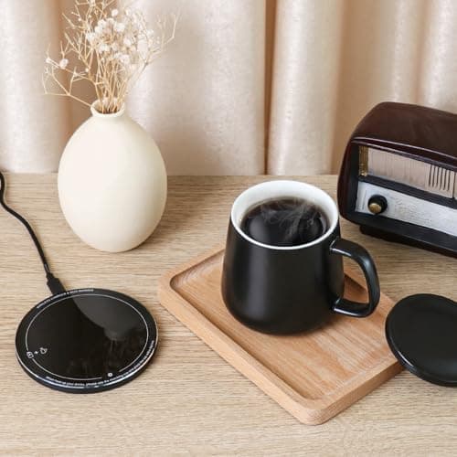 APEKX Réchauffeur de Tasse Intelligente – Maintien de Température Stable à 55°C (131°F), Recharge Sans Fil 15W, Capacité 380ml (12.8 oz) – Marche/Arrêt Automatique, Port USB-C, 4H de Maintien (Noir)