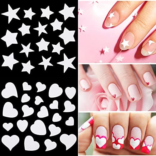 Pwsap Autocollants Ongles Français, Auto-Adhésifs Autocollants de Manucure Blanc, 24 Feuilles Autocollants Tips Guide Ongles Français Pour Manucure Décoration, Vagues, Lune, étoiles, formes d'amour