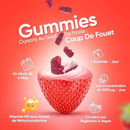 Vitamine B12 Méthylcobalamine 1000mcg - 120 Gummies Vitamine B12 Vegan Pure & Haute Absorption - Cure Vitamine de 4 Mois, Goût Fraise - B12 Vitamine Fatigue, Immunité, Métabolisme, Système Nerveux