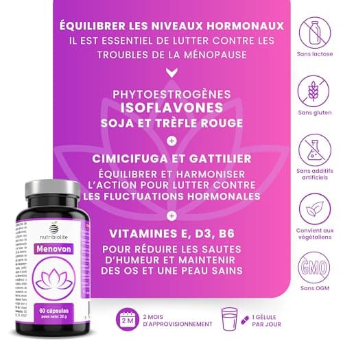 Ménopause Traitement - Isoflavones de Soja et Trèfle Rouge, Extraits Concentrés d'Actée à Grappes Noires, Gattilier et Vitamines E, B6, D3 - Sans additifs - 60 gélules (2 mois) - Menovon
