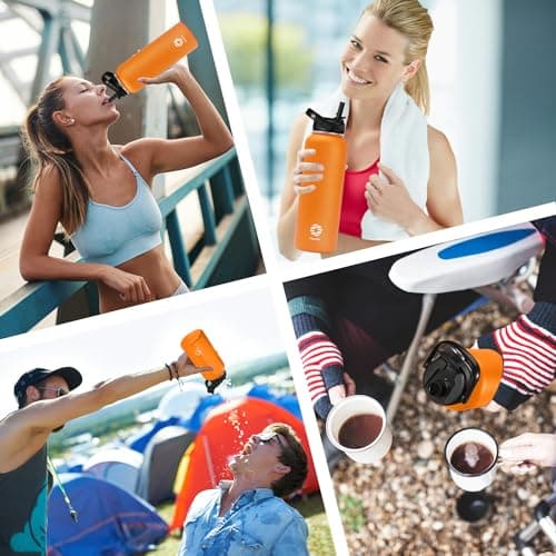 Fjbottle Gourde en acier inoxydable avec paille 950 ml/1200 ml, 2 couvercles sans BPA, Bouteille d'eau anti-fuite – Bouteille isotherme pour le sport, le vélo, l'école, le fitness