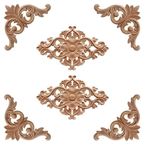 Gotetiso 6 Pièces Moulure Decorative Bois Applique en Bois Sculpté Non Peint Sculpté Coin Onlay Appliques Bois Sculpté Meuble Décoratifs en Bois Placard Armoire Décalque Maison Décoration