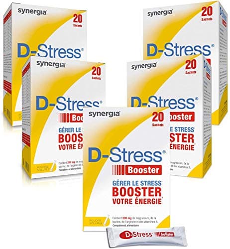 D-STRESS BOOSTER Lot de 5X20 sachets | Magnésium de 3ème génération, Taurine, Arginine, Vitamine B | Booste l’énergie physique et mentale | Gère les montées de stress en 30 min | LABORATOIRE SYNERGIA