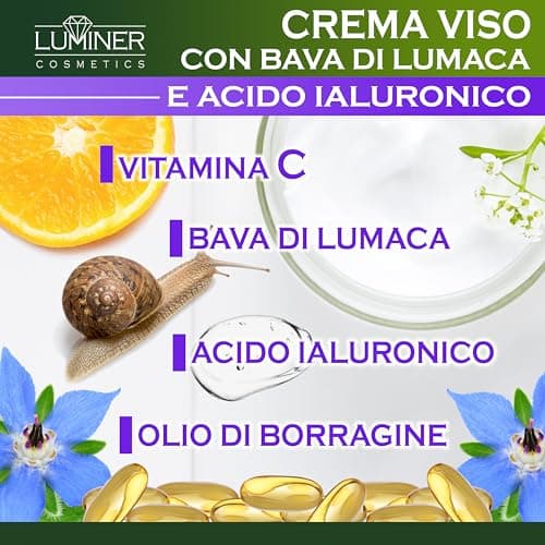 LUMINER® Crème Visage Anti-Rides 150 ml avec 70% de bave d'escargot et 100% d'acide hyaluronique pur, fabriquée en Italie, formule naturelle à action anti-taches et anti-âge à la vitamine C