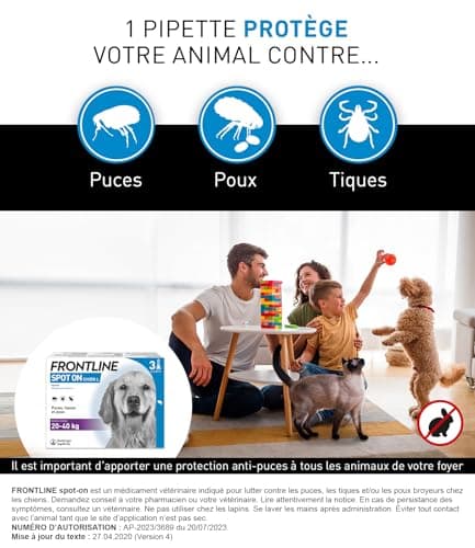 FRONTLINE Spot on Chien - Anti Puces, Anti-Tiques et Poux - Élimine Puces Pendant 8 Semaines-Tiques Pendant 4 Semaines - pour Chien 20 à 40 kg - Fabriqué en France - 3 Pipettes