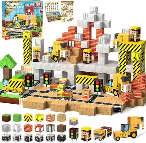 Construction magnetique enfant avec accessoires routiers bloc de construction magnétique avec véhicules de chantier pour enfants à partir de 5, 6, 7 ans engins de chantier jouet voiture enfant 5 6 7 a