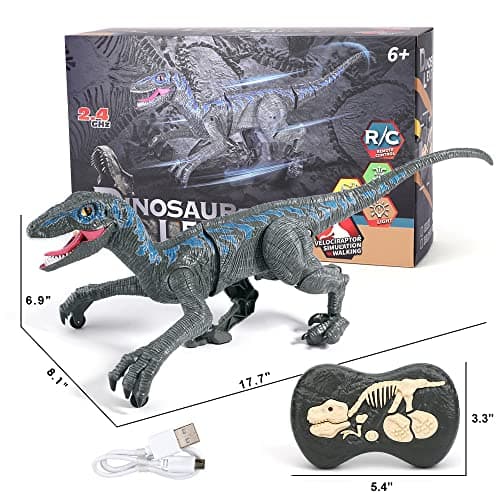 Jouets Dinosaures télécommandés 2,4 G,vélocirapteur électronique éducatif avec lumières et Sons,Jouets Robot Dinosaure alimentés par Batterie Rechargeable,Meilleurs Jouets RC Cadeaux pour Enfants