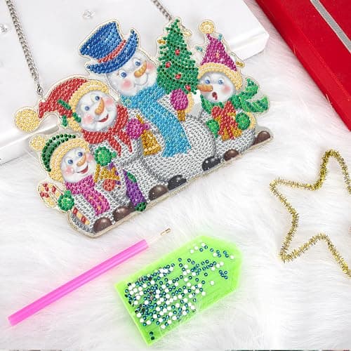Heveer Pendentif de Peinture Diamant 5D Noël Kit de Peinture Diamant à Suspendre Décoration Faite à la Main pour Porte de Maison Bonhomme de Neige