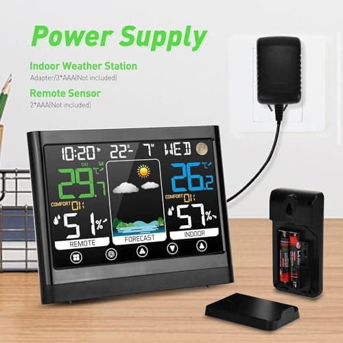 jely Station Meteo Interieur Exterieur Sans Fil avec Capteur Thermomètre Hygromètre LCD Écran Couleur avec Alerte Température Météo Prévisions DCF Radio Phase de la Lune Snooze Réveil