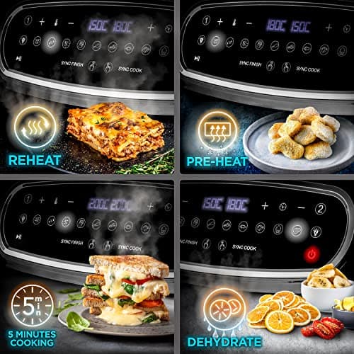 Duronic AF34 BK Set Friteuse à Air avec 1 grand tiroir de 10L et 2 petits tiroirs de 5L inclus | 10 Programmes de Cuisson Préréglés | Sans huile | Fonctions Sync Cook Sync Finish