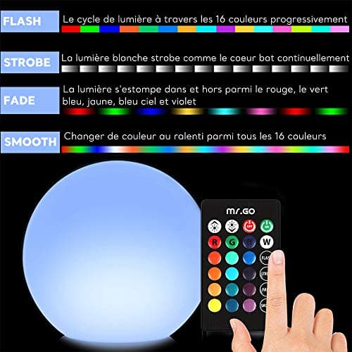Mr.Go 6" LED Boule Lumière Sphère Lampe, RGB Orbe Lampe Couleur Changeante Lumière D'ambiance avec Télécommande, 16 Couleurs, Luminosité Variable & Batterie Rechargeable