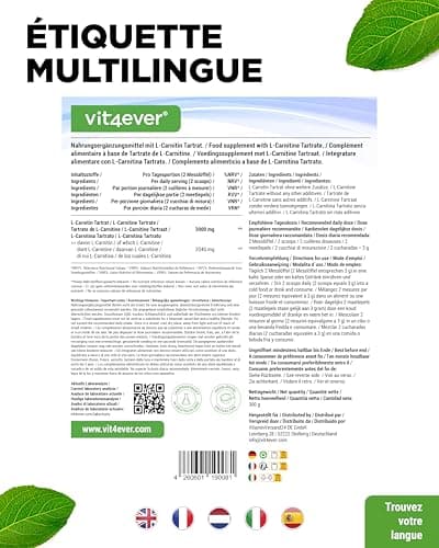 L-Carnitine Pure - 300 g de poudre pure sans additifs - 100% L-Carnitine Tartrate - 100 portions avec 3000 mg de Carnitine en poudre - Vegan - Haute Dose