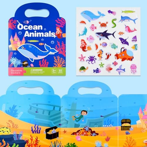 ASTARON Livre d'autocollants 3D réutilisables pour enfants, autocollants imperméables en gelée de vie marine pour les tout-petits, jeu d'autocollants gonflés, livres de scènes d'autocollants de voyage