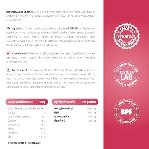 Collagène Skincare avec Naticol Collagène Marin, MSM et Vitamine C Poudre, Peptides de Collagène Marin Hydrolysé Type 1 - Collagène Cheveux et Pour la Peau, Nature's Finest by Nutrisslim
