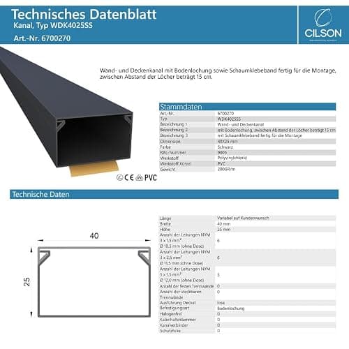 CILSON WDK4025SS 2700270 Lot de 10 goulottes de câbles autocollantes 40 x 25 mm x 10 m Noir – 1 m / 1000 mm – Utilisation polyvalente, volume supplémentaire pour câbles