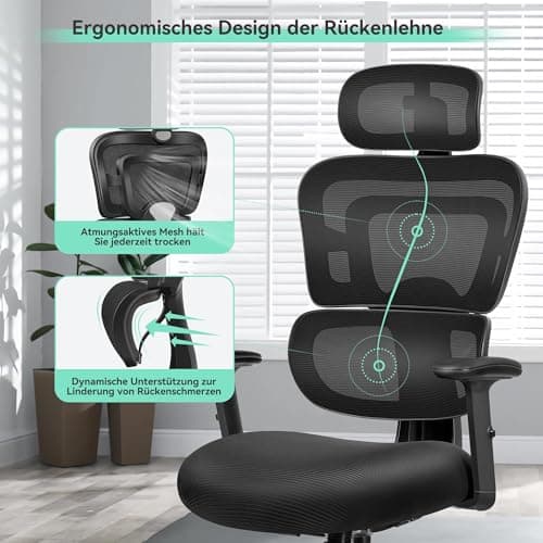 DoChair Chaise de bureau ergonomique multifonction en maille - 3D - Appuie-tête - Accoudoirs réglables en hauteur - Soutien dorsal dynamique - 150 kg - Noir