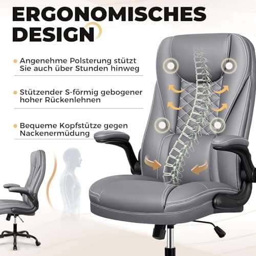 DoChair Chaise Bureau en Cuir Ergonomique Fonction d'oscillation 135°Chaise Pivotante Réglable en Hauteur avec Appui-tête Accoudoirs Réglables, Gris