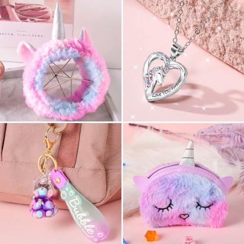 Licorne Cadeau Fille 4 5 6 7 8-10 Ans Peluche Journal Intime Carnet LED Étoile Coussin Masques de Sommeil Porte Clé Licorne Bandeau Maquillage Peigne Miroir Licorne Jouet Anniversaire Fille Cadeau