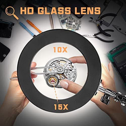 Jubor 2 en 1 Lampe de Bureau Loupe, 15X 10X Loupe avec Lumière et Support, Lampe Loupe LED avec Bras Pivotant, Lampe de Bureau avec 3 Modes de Couleurs Réglables pour Lecture, Réparation, Artisanat