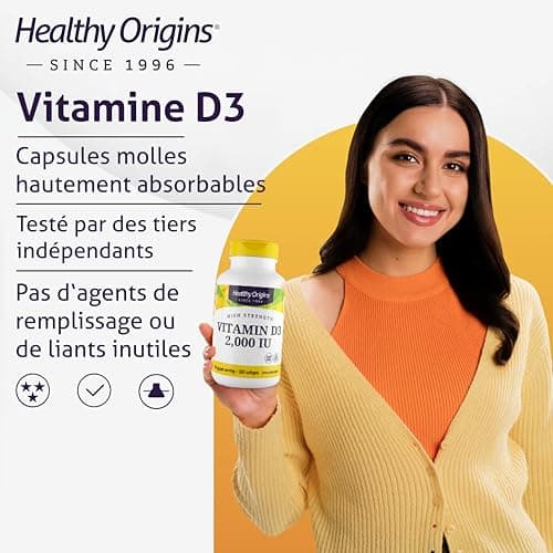 Healthy Origins, Vitamine D3, 2.000 IU, Depot, 360 Capsules, Hautement Dosé, Sans Soya, Sans Gluten, Non-GMO
