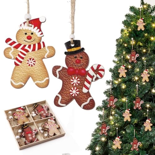 12Pcs Décoration Sapin Noël Pendentif en Bois Motif Bonhomme Pain d’épice Suspension Ornement à Suspendre pour Arbre Noël Chambre Intérieure