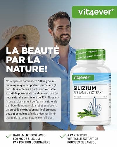Silicium - 365 Gélules avec 500 mg de Silicium Organique par Jour - Premium : Extrait Naturel de Bambou - Haute Dose - Vegan