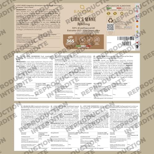 Bandini® Crinière de Lion 2000 mg | 365 Comprimés Vegan 1 An (1 comprimé par jour) | Extrait 25:1 de Lion's Mane Mushroom avec Poivre Noir | 50% polyphénols | Champignon Hericium Erinaceus 100% Vegan