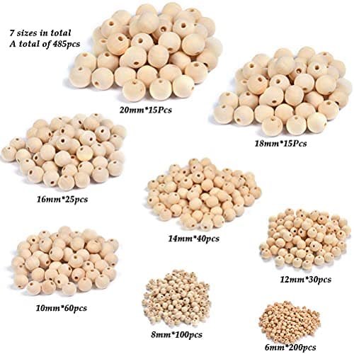 FOROREH 485pcs Perles en Bois, 8 Tailles Naturel Perles en Bois Boules de Bois avec Ficelle pour l'artisanat et Le Bricolage - 6 mm, 8 mm, 10 mm, 12 mm, 14 mm, 16 mm, 18 mm, 20 mm