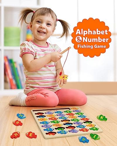 Coogam Magnetic Lettres numériques Jeu de pêche, Livres en Bois ABC Lettres numériques Montessori Jouets éducatifs 3 4 5 Ans Enfants