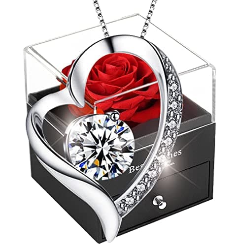boîte de Rose eternelle avec Bijoux Argent 925,Collier Femme,Pendentif Coeur avec Rose Conservée et Stabilisée Rouge,Cadeau pour Elle la Noël,La Saint-Valentin,Fête des mères,Anniversaire