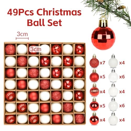 49 pcs Boules de Noël Rouge Blanc Set,3cm plastique Boules de Noël Crochet Boules de Noël Petit pour décoration d'arbre de Noël,Boules d'arbre Décoratio de Noël Boules Pendentif Mini déco d'arbre Noël