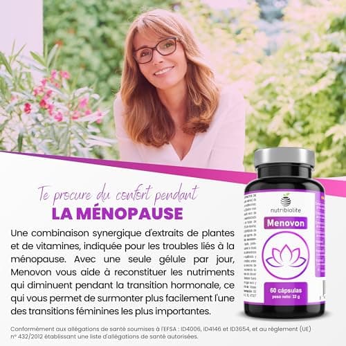 Ménopause Traitement - Isoflavones de Soja et Trèfle Rouge, Extraits Concentrés d'Actée à Grappes Noires, Gattilier et Vitamines E, B6, D3 - Sans additifs - 60 gélules (2 mois) - Menovon
