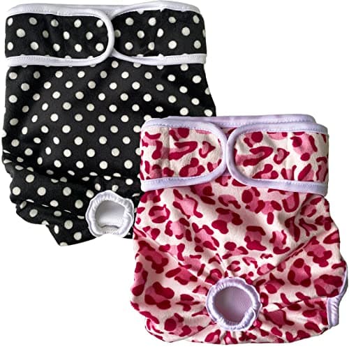 LeerKing Couche pour Chien Femelle Lavable Lot de 2 Réutilisables Culottes Hygiéniques Très Absorbantes Incontinence Périodes Physiologiques Léopard et Pois S