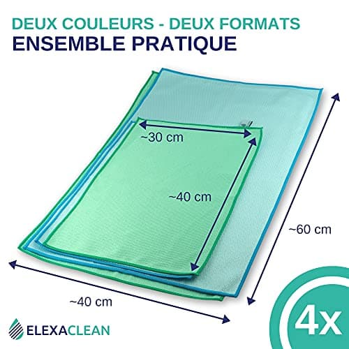 ELEXACLEAN Chiffon pour vitres en Microfibre sans Traces 60 x 40 cm et 40 x 30 cm - Certifié Oeko-Tex Standard 100