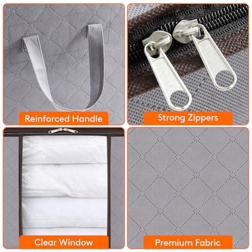 Lifewit Lot de 4 Sac Rangement Vetement 50L, Boite Rangement Pliable avec Poignées Renforcées, Housse de Rangement Couette, Caisse Rangement Sous Lit pour Vêtements, Couvertures, Jouets, Gris Clair