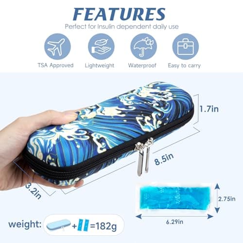 YOUSHARES Pochette Isotherme Insuline avec Poche de Glace, Trousse Isotherme Insuline pour Diabetique, Sac Isotherme Insuline Medicament pour Seringues, Stylo Insuline Voyage, Vague de Mer