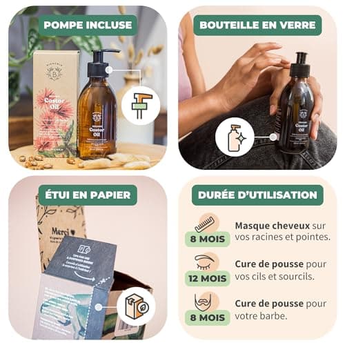 Bionoble Huile de Ricin Bio 200ml + Pompe - Bouteille en Verre - 100% Pure, Naturelle, Pressée à Froid - Huile de Ricin pour Cheveux Cils Sourcils, Huile Barbe - Vegan Castor Oil, Huile Ricin