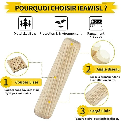 200 pièces Chevilles en bois, Goujon en bois de hêtre massiv 6mm 8mm 10mm Chevilles en bois fabriqués en bois Fraiseuse, rainurage, bricolage, menuiserie