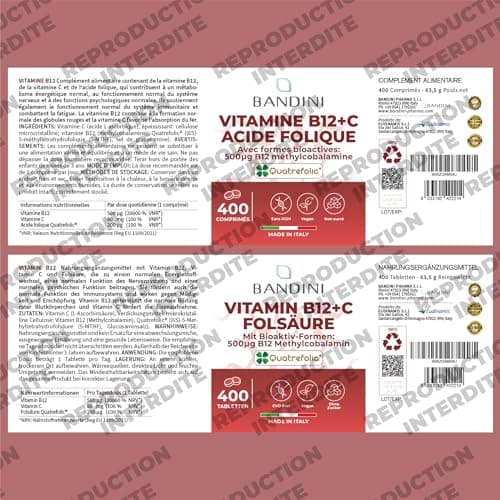 Bandini® Vitamine B12 + Acide folique 400 comprimés vegan (+ 1 An) | Formes bioactives biodisponibles: 500μg de b12 méthylcobalamine, 200μg de folate Quatrefolic ®, 80mg de Vit C | Absorption du fer