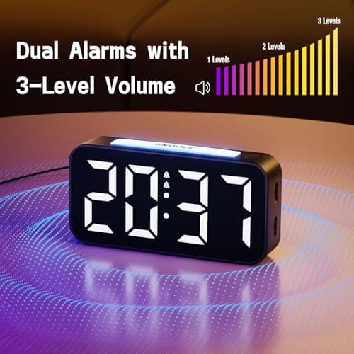 Reveil, Réveil Numérique Grand écran LED avec Veilleuses 9 Colorées, Luminosité & Volume réglable, Cloche Double, Snooze, 12/24H, Alimentation électrique (Adaptateur Inclure)