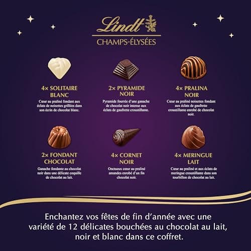 Lindt - Boîte CHAMPS-ÉLYSÉES Édition Avenue en Fête - Assortiment de Chocolats au Lait, Noirs et Blancs - Pralinés, Croustillants et Onctueux - Idéal pour Noël, 467g