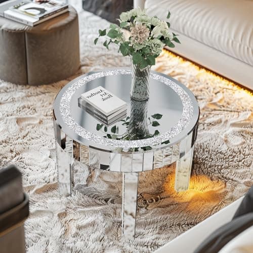 Artloge Table Basse Salon Ronde: Table Basse Argenté en Verre avec Diamants Table d'Appoint Moderne Design en Miroir pour Chambre Café Bureau - 60×60×50CM
