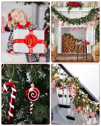 Bixury 12 pcs Canne en Bonbon Rouge et Blanc, Sapin de Noël en Forme de Canne à Sucre d'orge, Canne de Bonbons Plastique à Suspendre, pour décoration Sapin de Noël