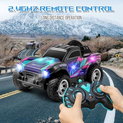 Voiture Telecommandé Enfant, Voiture TéléCommandée Tout Terrain avec Spray, Lumières et Effets Sonores, 2.4 Ghz Camion Telecommande à Grande Vitesse, Voiture Radiocommandée Cadeaux Jouets Garçons 6-12