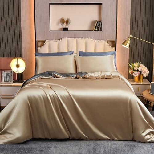Tospass Housse de Couette Satin 200x200 Dorée Beige Gris Satinée Parure Linge de lit Adulte 2 Personnes Uni Soie Soyeux Brillant Ensemble Literie avec Fermeture éclair et 2x65x65cm Taies d'oreiller