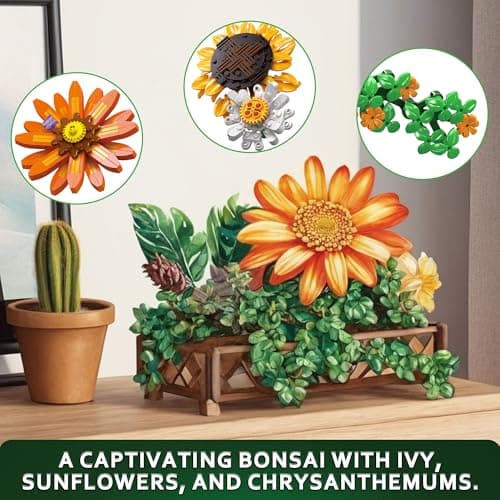 Under the Baubles Ensemble de Jouets de Construction de Fleurs de Tournesol – Décoration d'intérieur, Bouquet de Fleurs bonsaï pour Adultes, Cadeaux pour Elle ou Lui pour Anniversaire de