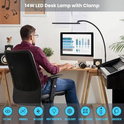 Lampe de Bureau LED, BIENSER 14W Lampe de Table Architecte Flexible avec Pince, 10 Niveaux de Luminosité X 5 Modes de Couleur, Lampe de table Réglable, Protection des Yeux, 5V/2A CE Adaptateur Incluse