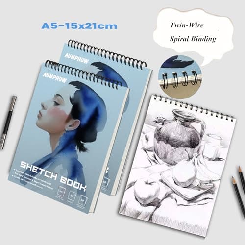 Aunphuw Carnet Dessin A5 Sketchbook, 120GSM Cahier Dessi Reliure Spirale Papier Dessin Cahier avec Couverture Rigide de Croquis Papier sans Acide 120 Pages pour Enfant et Adultes D'artiste