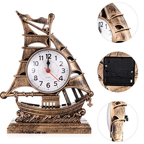 BESPORTBLE Réveil Silencieux Analogique Réveil Voilier en Forme de Réveil De Chevet Horloge de Graduation pour Chambre De Chevet Bureau (D' Or) Horloge De Table Rustique
